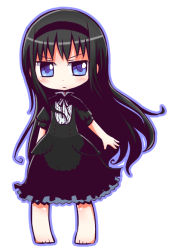 Rule 34 | 1girl, akemi homura, akemi homura (black dress), barefoot, black dress, black hair, black hairband, black ribbon, blue eyes, blush, center frills, chibi, closed mouth, commentary request, dress, frills, full body, funeral dress, hairband, homulilly, long hair, looking at viewer, mahou shoujo madoka magica, mahou shoujo madoka magica (anime), naga u, neck ribbon, puffy short sleeves, puffy sleeves, ribbon, short sleeves, simple background, solo, standing, v-shaped eyebrows, very long hair, white background