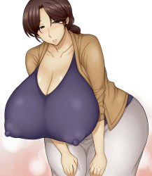 Rule 34 | 1girl, blush, breasts, brown eyes, brown hair, cardigan, cleavage, collarbone, covered erect nipples, cowboy shot, curvy, gigantic breasts, gradient background, hikaru no go, hip focus, jacket, jewelry, leaning forward, legs, lipstick, long hair, looking at viewer, makeup, mature female, open clothes, open jacket, otogi tetsurou, parted lips, puffy areolae, purple shirt, ring, shindou mitsuko, shirt, simple background, skin tight, skirt, solo, tight clothes, wedding band, white background, wide hips