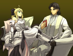 Rule 34 | 1boy, 1girl, ahoge, armor, armored dress, artoria pendragon (all), artoria pendragon (fate), bad id, bad pixiv id, blonde hair, book, brown eyes, brown hair, couch, cross, cross necklace, dress, fate/stay night, fate/unlimited codes, fate (series), green eyes, jewelry, kotomine kirei, light persona, lily servant, necklace, pillow, ponytail, saber (fate), saber lily, sake (kadai)