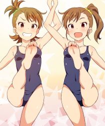 Rule 34 | 2girls, :d, bare legs, barefoot, blue one-piece swimsuit, blush, breasts, brown hair, commentary request, feet, foot focus, futami ami, futami mami, green scrunchie, grin, hair ornament, hair scrunchie, idolmaster, idolmaster (classic), leg up, light blush, looking at viewer, multiple girls, no.gomensu, one-piece swimsuit, open mouth, pink eyes, scrunchie, short hair, siblings, side ponytail, small breasts, smile, soles, star (symbol), starry background, swimsuit, toes, twins, yellow scrunchie