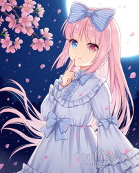 Rule 34 | 1girl, blue bow, blue eyes, bow, closed mouth, commentary request, commission, dress, flower, frilled dress, frilled sleeves, frills, full moon, hair bow, hand up, heterochromia, hitsuki rei, index finger raised, long hair, long sleeves, moon, night, night sky, original, outdoors, petals, pink flower, pink hair, red eyes, sky, sleeves past wrists, smile, solo, striped, striped bow, very long hair, white dress