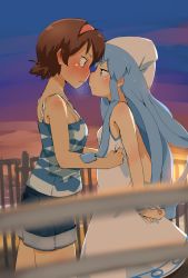 Rule 34 | 2girls, arms behind back, bare arms, blue eyes, blue hair, blush, breath, brown eyes, brown hair, commentary request, dress, ei (ss4), eye contact, frown, hairband, hat, highres, ikamusume, imminent kiss, long hair, looking at another, multiple girls, nagatsuki sanae, pink hairband, shinryaku! ikamusume, shorts, size difference, sleeveless, sleeveless dress, sunset, tentacle hair, white dress, white hat, yuri