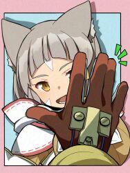 Rule 34 | 1boy, 1girl, animal ears, border, brown eyes, brown gloves, cat ears, facial mark, fangs, gloves, grey hair, hand to hand, highena, highres, looking at viewer, nia (xenoblade), outstretched hand, pink border, pov, rex (xenoblade), short hair, smile, upper body, whisker markings, xenoblade chronicles (series), xenoblade chronicles 2