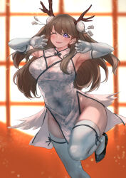 Rule 34 | 1girl, absurdres, armpits, bare shoulders, black bow, black footwear, blurry, blurry background, blush, bow, breasts, brown hair, china dress, chinese clothes, claw pose, cleavage, cleavage cutout, clothing cutout, commentary request, covered navel, day, dragon horns, dragon print, dress, elbow gloves, fake horns, floating hair, foot out of frame, fujishima megumi, gloves, groin, hair between eyes, hair ornament, hands up, high heels, highres, horns, hundred brazil, indoors, large breasts, lattice, leg up, light particles, link! like! love live!, long hair, looking at viewer, love live!, one eye closed, parted lips, pelvic curtain, pom pom (clothes), pom pom hair ornament, print dress, pumps, purple eyes, round window, side slit, sleeveless, sleeveless dress, smile, solo, standing, standing on one leg, tassel, tassel hair ornament, thigh bow, thighhighs, wavy hair, white dress, white gloves, white thighhighs, window