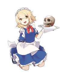 Rule 34 | 1girl, apron, blonde hair, blue dress, bow, bowtie, dress, frills, full body, kneeling, looking at viewer, maid headdress, mugetsu (touhou), open mouth, pointy ears, puffy sleeves, razuzyamu, short hair, short sleeves, simple background, skull, smile, solo, touhou, touhou (pc-98), tray, waist apron, white background