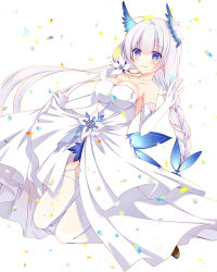 Rule 34 | 1girl, azur lane, bare shoulders, blue eyes, braid, breasts, cleavage, dress, elbow gloves, full body, garter straps, gloves, highres, illustrious (azur lane), illustrious (illustrious ball) (azur lane), large breasts, long dress, long hair, mitsukiriko, official alternate costume, simple background, skirt hold, sleeveless, sleeveless dress, solo, strapless, strapless dress, thighhighs, very long hair, white background, white dress, white gloves, white hair, white thighhighs