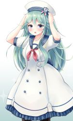 Rule 34 | 10s, 1girl, :o, anchor symbol, bad id, bad pixiv id, black pantyhose, dress, gradient background, hair ornament, hairclip, hamalu, hand on headwear, hands up, hat, highres, kantai collection, long hair, looking at viewer, lost tree, neckerchief, pantyhose, sailor dress, sailor hat, short sleeves, solo, standing, very long hair, white background, white dress, yamakaze (kancolle)