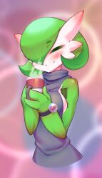 Rule 34 | 1girl, = =, bare shoulders, blurry, blurry background, blush, bob cut, bracelet, breasts, closed eyes, closed mouth, clothed pokemon, colored skin, creatures (company), cropped torso, cup, drink, ear blush, female focus, game freak, gardevoir, gen 3 pokemon, green hair, green skin, grey sweater, hair over one eye, hands up, happy, highres, hitmanatee, holding, holding cup, holding drink, jewelry, medium breasts, mega stone, multicolored skin, nintendo, one eye covered, own hands together, pink background, poke ball theme, pokemon, pokemon (creature), short hair, sideboob, sleeveless, sleeveless sweater, smile, solo, sweater, two-tone skin, upper body, white skin