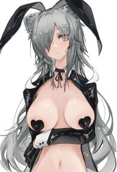 Rule 34 | 1girl, animal ears, areola slip, arknights, arm under breasts, black choker, black gloves, black jacket, blush, breasts, breasts apart, cat ears, choker, commentary, covered erect nipples, extra ears, fake animal ears, gloves, grey hair, hair ornament, highres, jacket, large breasts, latex, latex gloves, long hair, looking at viewer, mikozin, navel, open clothes, open jacket, pasties, rabbit ears, schwarz (arknights), simple background, solo, sweatdrop, symbol, upper body, white background, yellow eyes