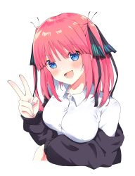 Rule 34 | 1girl, absurdres, arm under breasts, black ribbon, black sweater, blue eyes, blue nails, blunt bangs, blush, butterfly hair ornament, collar, commentary, eyelashes, fingernails, go-toubun no hanayome, hair ornament, hair ribbon, hand up, happy, head tilt, highres, lips, looking at viewer, lower teeth only, medium hair, nakano nino, open mouth, pink hair, profnote, ribbon, shirt, sidelocks, simple background, smile, solo, straight hair, sweater, symbol-only commentary, teeth, two side up, upper body, v, white background, white collar, white shirt