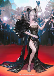 Rule 34 | 1girl, animal ears, arknights, bag, bare shoulders, black dress, black footwear, black nails, blue hair, blurry, blurry background, bracelet, breasts, camera, camera flash, chinese commentary, cleavage, collarbone, commentary request, crowd, dress, feater (arknights), floral print, formal, full body, glint, gown, grey hair, hair ornament, hair over one eye, hand up, handbag, highres, hikimayu, holding, holding bag, jewelry, looking at viewer, medium hair, multicolored hair, nail polish, neriash, one eye covered, open mouth, outdoors, panda ears, paparazzi, people, pink eyes, red carpet, ring, sandals, side slit, sky, smile, solo focus, standing, strapless, strapless dress, streaked hair, swept bangs, toenail polish, toenails, two-tone hair, two side up, weibo logo, weibo watermark