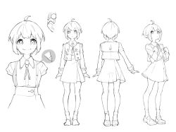 Rule 34 | 1girl, ahoge, arms at sides, bolo tie, clenched hand, gakuen koushounin, greyscale, hair ornament, hairclip, hanasaki kaori, highres, looking at viewer, monochrome, multiple views, production art, character sheet, short hair, short sleeves, sidelocks, simple background, skirt, smile, suspender skirt, suspenders, turnaround, white background, yoneyama mai