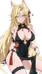 Rule 34 | 1girl, animal ears, bangle, bare shoulders, black dress, blonde hair, bracelet, breasts, bright pupils, china dress, chinese clothes, cleavage, clothes lift, commission, covered navel, dress, extra ears, flower knot, fox ears, fymrie, gold trim, grin, hair between eyes, hair ornament, highres, jewelry, large breasts, lifted by self, long hair, looking at viewer, no bra, original, panties, pelvic curtain, pelvic curtain lift, red panties, second-party source, side-tie panties, sideless outfit, sitting, sleeveless, sleeveless dress, smile, solo, string panties, sweat, tassel, tassel hair ornament, thigh strap, thighs, underwear, very long hair, yellow eyes