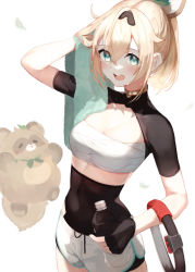 Rule 34 | 1girl, :d, aqua eyes, arm up, bandages, black gloves, blonde hair, blush, bottle, breasts, chest sarashi, cleavage, commentary request, covered navel, fingerless gloves, gloves, hair between eyes, highres, holding, holding bottle, holding towel, hololive, kazama iroha, looking at viewer, lumo 1121, medium breasts, open mouth, plastic bottle, pokobee, ponytail, revision, ring-con, sarashi, short hair, short shorts, short sleeves, shorts, shrug (clothing), smile, strapless, sweat, tanuki, towel, tube top, virtual youtuber, white background, white shorts, wiping sweat