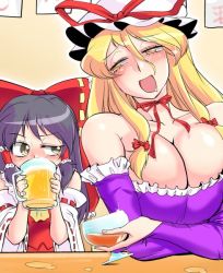 Rule 34 | 1girl, adapted costume, alcohol, ascot, bare shoulders, beer, beer mug, black hair, blonde hair, blush, bow, breasts, bridal gauntlets, brown eyes, choker, cleavage, collarbone, cup, danna (karatekikku), detached sleeves, dress, drinking glass, drunk, frilled bow, frilled dress, frills, hair between eyes, hair bow, hair tubes, hakurei reimu, half-closed eye, half-closed eyes, hat, hat ribbon, holding, holding cup, holding drinking glass, large breasts, looking at another, looking at breasts, looking down, looking to the side, mob cap, mug, open mouth, purple dress, red shirt, red skirt, ribbon, ribbon-trimmed headwear, ribbon-trimmed sleeves, ribbon choker, ribbon trim, saliva, shirt, sidelocks, size difference, skirt, sleeveless, sleeveless dress, solo, sparkle, spill, strapless, strapless dress, table, tipsy, touhou, uneven eyes, upper body, whiskey, wine glass, yakumo yukari, yellow eyes