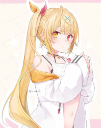 Rule 34 | 1girl, blonde hair, bow, commentary request, crop top, hair bow, hair ornament, heterochromia, hoshikawa sara, hoshikawa sara (1st costume), jacket, kuroi (liar-player), letterboxed, long hair, looking at viewer, nijisanji, off shoulder, outline, pink bow, pink eyes, shirt, sidelocks, solo, steepled fingers, stomach, upper body, virtual youtuber, white jacket, white shirt, x hair ornament, yellow bow, yellow eyes
