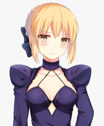 Rule 34 | 1girl, akazawa kureha, artoria pendragon (all), artoria pendragon (fate), black bow, blonde hair, blush, bow, breasts, choker, cleavage, closed mouth, collarbone, dress, expressionless, eyebrows, fate/grand order, fate (series), grey background, hair bow, halterneck, head tilt, jitome, juliet sleeves, long sleeves, looking at viewer, medium breasts, puffy sleeves, purple dress, revision, saber (fate), saber alter, short hair, simple background, solo, upper body, yellow eyes