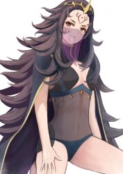 Rule 34 | 1girl, black cape, black hair, blue panties, cape, commentary, facial mark, fire emblem, fire emblem fates, forehead mark, hand on own thigh, highres, labebebe lee, long hair, mouth veil, nintendo, nyx (fire emblem), panties, red eyes, simple background, solo, tiara, underwear, veil, very long hair, white background