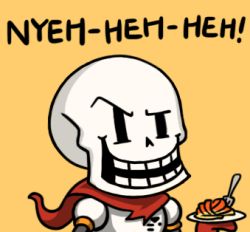 Rule 34 | 1boy, armor, bad id, bad pixiv id, chibi, cocked eyebrow, english text, food, fork, gloves, grin, gyate gyate, laughing, lowres, male focus, papyrus (undertale), pasta, plate, scarf, simple background, skeleton, smile, solo, spaghetti, undertale, upper body, yaruky, yellow background