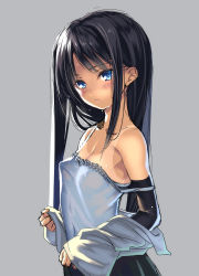 Rule 34 | 10s, 1girl, arm warmers, asashio (kancolle), black hair, blue eyes, blush, breasts, camisole, cleavage, coffee cat, covered erect nipples, from side, grey background, kantai collection, long hair, looking at viewer, off shoulder, perky breasts, sidelocks, simple background, small breasts, solo, strap slip, tan, tanline, tsurime