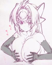 Rule 34 | 1boy, 1girl, black gloves, breasts, closed mouth, commentary request, corrupted twitter file, elbow gloves, gloves, headpiece, hetero, highres, huge breasts, kos-mos, long hair, looking down, nipples, paizuri, penis, traditional media, tsukareta san, upper body, xenosaga