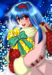 Rule 34 | 1girl, anastasia valeria, blue hair, bow, christmas, coat, cocopazu, gift, gloves, hairband, happy, holding, holding gift, long hair, looking at viewer, mittens, night, open mouth, red eyes, red hairband, ribbon, sidelocks, solo, tree, wild arms, wild arms 2