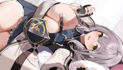 Rule 34 | 1girl, belt, black gloves, blue dress, blush, braid, breasts, chest guard, chest harness, cleavage, collared dress, cowboy shot, dress, fingerless gloves, gloves, green eyes, grey hair, hair between eyes, harness, highres, hololive, huge breasts, looking at viewer, lying, medium hair, mole, mole on breast, niii (memstapak), on side, open belt, open mouth, shirogane noel, shirogane noel (1st costume), skirt, smile, solo, sweat, virtual youtuber