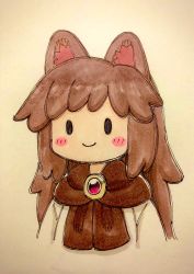 Rule 34 | 1girl, animal ear fluff, animal ears, blush stickers, brooch, brown hair, brown scarf, chibi, closed mouth, highres, imaizumi kagerou, jewelry, looking at viewer, photo (medium), poronegi, scarf, smile, solid oval eyes, solo, touhou, traditional media, upper body, wolf ears