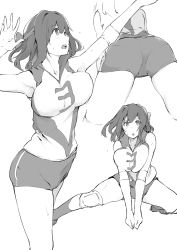 Rule 34 | 10s, 1girl, arm up, armpits, ass, bouncing breasts, breasts, bumping, commentary request, cropped legs, elbow pads, from behind, girls und panzer, greyscale, headband, highres, jumping, knee pads, kondou taeko, large breasts, leaning forward, looking at viewer, medium hair, monochrome, multiple views, muteki soda, open mouth, pantylines, shirt, short shorts, shorts, sleeveless, sleeveless shirt, socks, spiking, sportswear, squatting, standing, sweat, volleyball uniform