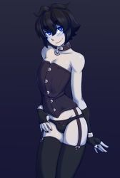 Rule 34 | 1boy, arm at side, bare shoulders, black gloves, black hair, black nails, black panties, black thighhighs, blue eyes, blush, bow, bow panties, bulge, collar, colored skin, commentary, cowboy shot, elbow gloves, fingerless gloves, garter straps, gift art, gloves, groin, hair between eyes, hand on own thigh, highres, ittla, looking at viewer, male focus, nail polish, original, panties, purple background, short hair, simple background, smile, solo, thick eyebrows, thighhighs, trap, underwear, white skin