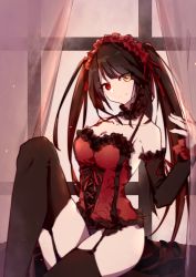 Rule 34 | 1girl, absurdres, bad id, bad pixiv id, bare shoulders, breasts, brown hair, cleavage, clock eyes, closed mouth, date a live, hair between eyes, hair ornament, hair ribbon, hairband, heterochromia, highres, lolita fashion, long hair, looking at viewer, medium breasts, mo (pixiv9929995), red eyes, ribbon, sitting, smile, solo, symbol-shaped pupils, tokisaki kurumi, yellow eyes