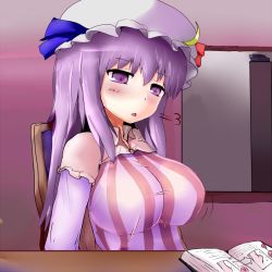 Rule 34 | 1girl, bad id, bad pixiv id, blush, book, breast expansion, breasts, chair, crescent, crescent moon, female focus, hat, ikeruga, large breasts, long hair, moon, open mouth, patchouli knowledge, purple eyes, purple hair, ribbon, sitting, solo, table, touhou