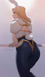 Rule 34 | 1girl, adapted costume, alternate costume, animal ears, artist name, ass, back, blonde hair, blue eyes, bodysuit, rabbit ears, rabbit tail, citemer, commentary, cowboy shot, elbow rest, english commentary, fake animal ears, fake tail, from behind, hairband, highres, league of legends, leaning on object, long hair, looking to the side, lux (league of legends), makeup, nail polish, signature, simple background, skin tight, solo, standing, tail, white background