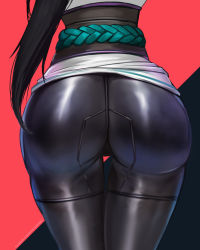 Rule 34 | 1girl, ass, ass focus, badcompzero, black hair, close-up, long hair, lower body, ponytail, red background, riot games, sage (valorant), simple background, solo, thigh gap, thighs, valorant, very long hair