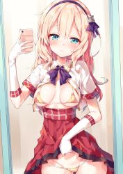Rule 34 | 1girl, 3:, azur lane, bikini, bikini under clothes, blue eyes, breasts, breasts apart, brown hair, closed mouth, clothes lift, cowboy shot, fingerless gloves, frown, gloves, hairband, hand up, high-waist skirt, highres, holding, holding phone, leander (azur lane), lifted by self, long hair, looking at viewer, medium breasts, micro bikini, open clothes, open shirt, phone, pleated skirt, purple neckwear, red skirt, retrofit (azur lane), shirt, short sleeves, skirt, skirt lift, solo, standing, swimsuit, unacchi (nyusankin), white gloves, white shirt, wing collar, yellow bikini