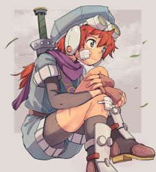 Rule 34 | 1boy, armor, bandaid, blue eyes, blue hat, boots, brown gloves, cape, character name, closed mouth, cloud, cuts, expressionless, fingerless gloves, gloves, goggles, goggles on head, goggles on headwear, grandia, grandia i, hat, highres, injury, justin (grandia), leaf, long hair, male focus, nabeshi watanabe, purple cape, red hair, simple background, sitting, solo, sword, weapon, wind