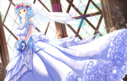 Rule 34 | 1girl, alternate costume, alternate hairstyle, bare shoulders, blue hair, blue rose, blush, bouquet, breasts, bridal veil, bride, church, day, dress, flower, head wreath, indoors, large breasts, long hair, maritchi, red eyes, ribbon, ring dream, rose, sasaki yukime, smile, solo, standing, strapless, strapless dress, tiara, veil, wedding dress, white dress, white ribbon, white rose, window, yuki onna (ring dream)