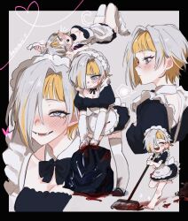 Rule 34 | 1girl, alternate costume, apron, blonde hair, blood, blood on clothes, blush, bow, bowtie, broom, collar, corpse, dress, enmaided, footprints, frilled apron, frilled dress, frills, gloves, grey eyes, grey hair, heart, highres, holding, holding broom, kromer (project moon), limbus company, maid, maid apron, maid headdress, moth ram, multicolored hair, project moon, slippers, smile, streaked hair, thighhighs, trash bag