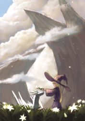 Rule 34 | 1girl, blonde hair, cloud, cloudy sky, commentary request, dragon, fantasy, field, flower, flower field, fog, hat, head wreath, highres, landscape, long hair, looking at another, mountain, original, puffy sleeves, purple hat, purple vest, sky, smile, vest, wasabi60, witch, witch hat
