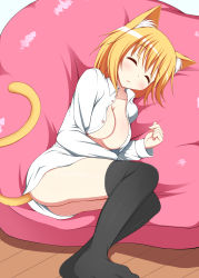 Rule 34 | 1girl, absurdres, animal ears, bean bag chair, black thighhighs, blonde hair, blush, breasts, cat ears, cat tail, cleavage, collarbone, highres, large breasts, legs, mizuki (kogetsu-tei), muji body fitting sofa, naked shirt, no panties, open clothes, open mouth, open shirt, original, shirt, short hair, sleeping, solo, tail, thighhighs