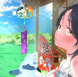 Rule 34 | 1girl, absurdres, bare shoulders, black hair, blue sky, blurry, blush, bottle, bush, check commentary, close-up, cloud, cloudy sky, commentary, commentary request, crocs, cup, day, depth of field, drinking glass, fish, food, fruit, goldfish, grass, hand fan, highres, holding, holding fan, hot, koi, light particles, looking at viewer, looking to the side, mountain, mountainous horizon, original, outdoors, parted bangs, parted lips, porch, renfa666, see-through, shade, shirt tug, sky, sleeveless, sliding doors, soda, soda bottle, summer uniform, sunlight, sweat, sweaty clothes, unworn footwear, upper body, very sweaty, water bottle, watermelon, watermelon slice, wet, wet hair, wind chime, yellow eyes