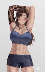 Rule 34 | 1girl, abs, armpits, arms up, artist name, breasts, brown eyes, brown hair, grey background, highres, hunyan, large breasts, long hair, looking at viewer, midriff, navel, one eye closed, original, pointy ears, simple background, smile, solo