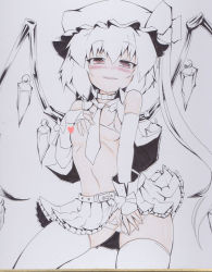 Rule 34 | 1girl, bare shoulders, belt, blush, breasts, cameltoe, censored, cleft of venus, covered erect nipples, fang, female focus, flandre scarlet, flat chest, hat, long hair, maebari, monochrome, naughty face, okiraku nikku, panties, panty pull, revealing clothes, shikishi, sideboob, skirt, small breasts, solo, embodiment of scarlet devil, thighhighs, touhou, traditional media, underwear, wings