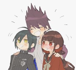 Rule 34 | 1girl, 2boys, ahoge, black hair, black jacket, black sailor collar, blush, breast pocket, brown hair, buttons, closed eyes, danganronpa (series), danganronpa v3: killing harmony, double-breasted, facial hair, goatee, grey shirt, grin, harukawa maki, jacket, low twintails, momota kaito, mrokr, multiple boys, notice lines, open clothes, open shirt, pink jacket, pocket, red scrunchie, red shirt, saihara shuichi, sailor collar, scrunchie, shirt, simple background, smile, spiked hair, striped clothes, striped jacket, sweatdrop, teeth, twintails, white background, yellow eyes