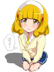 Rule 34 | 10s, 1girl, 3:, bad id, bad pixiv id, between legs, blonde hair, blush, cardigan, eyelashes, from above, hairband, hand between legs, headband, hiyutan (hiyuka11), kise yayoi, long hair, precure, seiza, simple background, sitting, skirt, smile precure!, solo, tears, translation request, white hairband, yellow eyes
