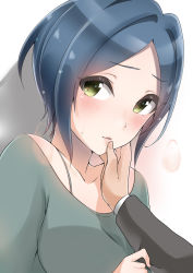 Rule 34 | 10s, 1boy, 1girl, blue hair, blush, collarbone, eyelashes, fingernails, green eyes, green shirt, hand on another&#039;s cheek, hand on another&#039;s face, hayami kanade, highres, idolmaster, idolmaster cinderella girls, lips, long sleeves, looking at viewer, murabito c, parted lips, pink lips, shadow, shirt, short hair, simple background, solo focus, tareme, upper body, white background