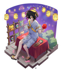Rule 34 | 1boy, ahoge, arm at side, backpack, bag, black hair, cameo, candy, candy apple, child, clenched hand, collarbone, colored inner hair, creatures (company), crossed bangs, dango, eyebrows hidden by hair, feet, feet up, fireworks, food, full body, game freak, gen 1 pokemon, gen 9 pokemon, geta, hair between eyes, hair ornament, hairband, hand up, happy, highres, holding, holding candy, holding food, japanese clothes, jinbei (clothes), kieran (pokemon), lantern, legs, looking at viewer, male focus, mask, medium hair, mole, mole on neck, mongguri, multicolored hair, munkidori, neck, night, night sky, nintendo, official alternate costume, okidogi, outdoors, paper lantern, pikachu, pokemon, pokemon sv, purple hair, sandals, short sleeves, shorts, side slit, side slit shorts, sidelocks, sitting, sky, smile, summer, summer festival, thighs, toenails, toes, traditional clothes, two-tone hair, wagashi, wide sleeves, yellow bag, yellow eyes, yellow hairband
