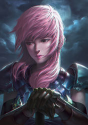 Rule 34 | 1girl, absurdres, armor, blue eyes, breastplate, cloud, cloudy sky, elbow gloves, final fantasy, final fantasy xiii, final fantasy xiii-2, gloves, hair over shoulder, highres, holding, holding sword, holding weapon, kacheong, lightning farron, lips, long hair, looking to the side, metal gloves, night, night sky, pink hair, plate armor, shoulder armor, sky, solo, sword, weapon