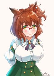 Rule 34 | 1girl, animal ears, aston machan (umamusume), bad id, bad pixiv id, bespectacled, blush, breasts, brown background, brown hair, closed mouth, collared shirt, commentary request, dress shirt, frilled shirt collar, frills, glasses, green eyes, green skirt, hair between eyes, hair ornament, hair scrunchie, highres, horse ears, horse girl, kazetuki, large breasts, one side up, over-rim eyewear, red-framed eyewear, red scrunchie, scrunchie, semi-rimless eyewear, shirt, signature, simple background, skirt, smile, solo, strap slip, suspender skirt, suspenders, umamusume, white shirt