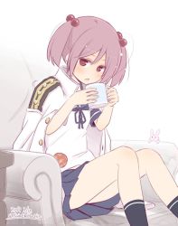 Rule 34 | 1girl, badge, black socks, blue sailor collar, blue skirt, commentary request, couch, crossed legs, cup, dated, feet out of frame, fujisaki yuu, hair bobbles, hair ornament, jacket, jacket on shoulders, kantai collection, mug, one-hour drawing challenge, pink eyes, pink hair, pleated skirt, rabbit, sailor collar, sazanami (kancolle), school uniform, serafuku, short hair, sitting, skirt, socks, solo, twintails, twitter username